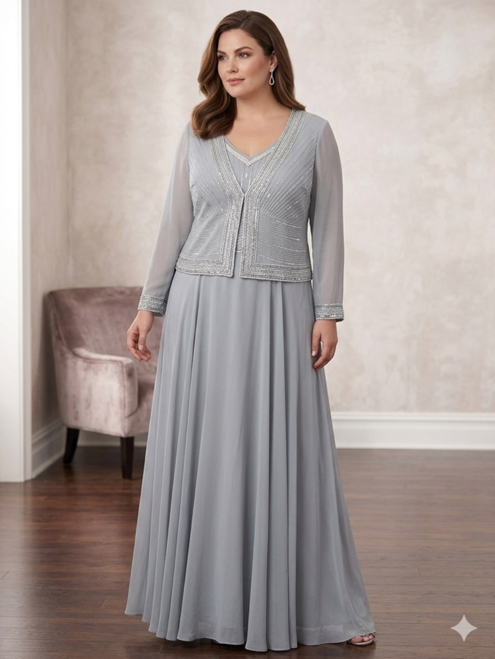 J Kara Elegant Silver-Gray Beaded Evening Gown with Lightweight Jacket Size 16